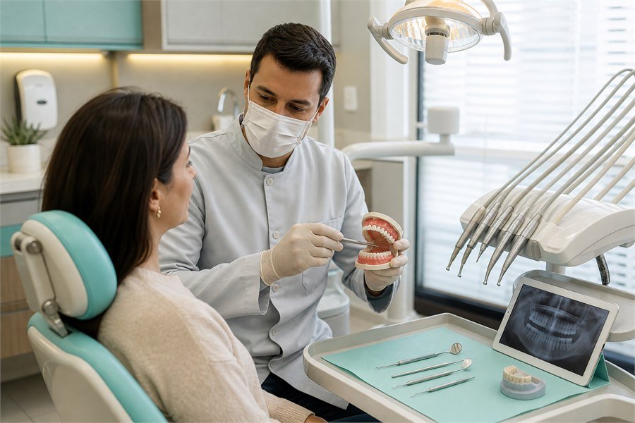 Dentista orientando paciente sobre tratamento odontológico e reabilitação