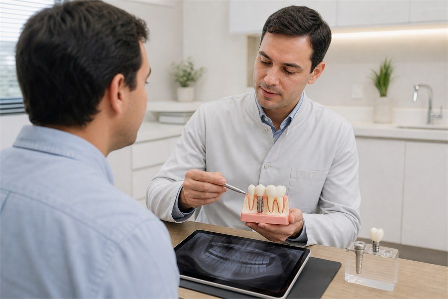 Dentista explicando planejamento de implante dentário com modelo odontológico